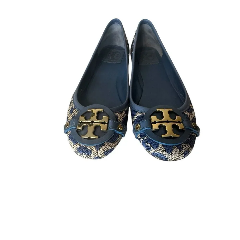 TORY BURCH AADEN Ballet Flat Leopard Raffia Leather Gold Logo Women's US 6.5